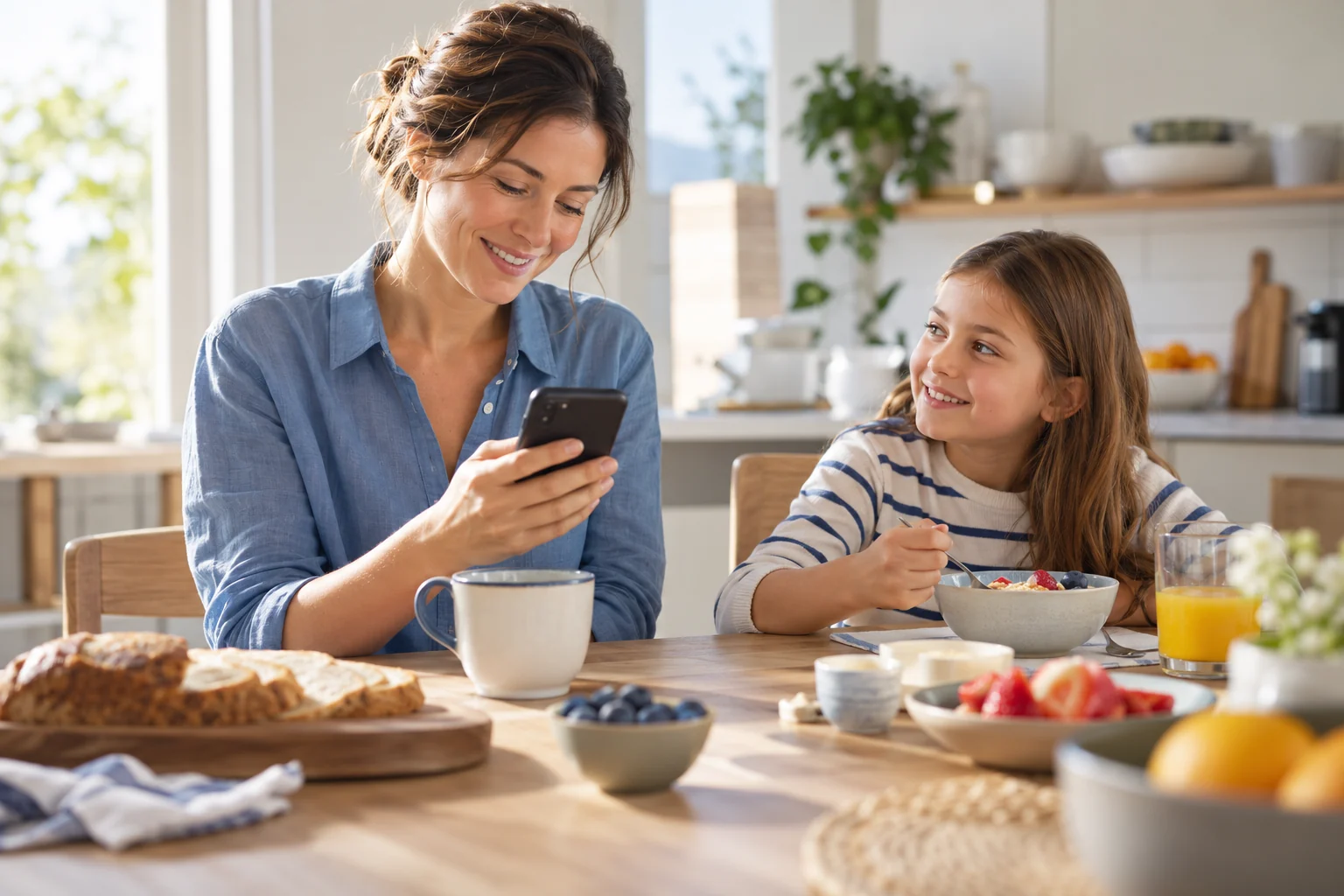 A mother in a blue shirt checking a phone while her daughter has breakfast.